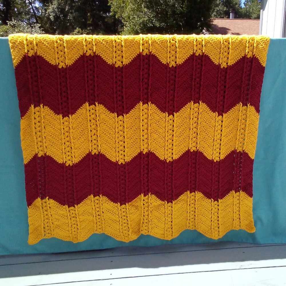 Hand Crafted Crochet Chevron Afghan, color gold and burgundy, one size.